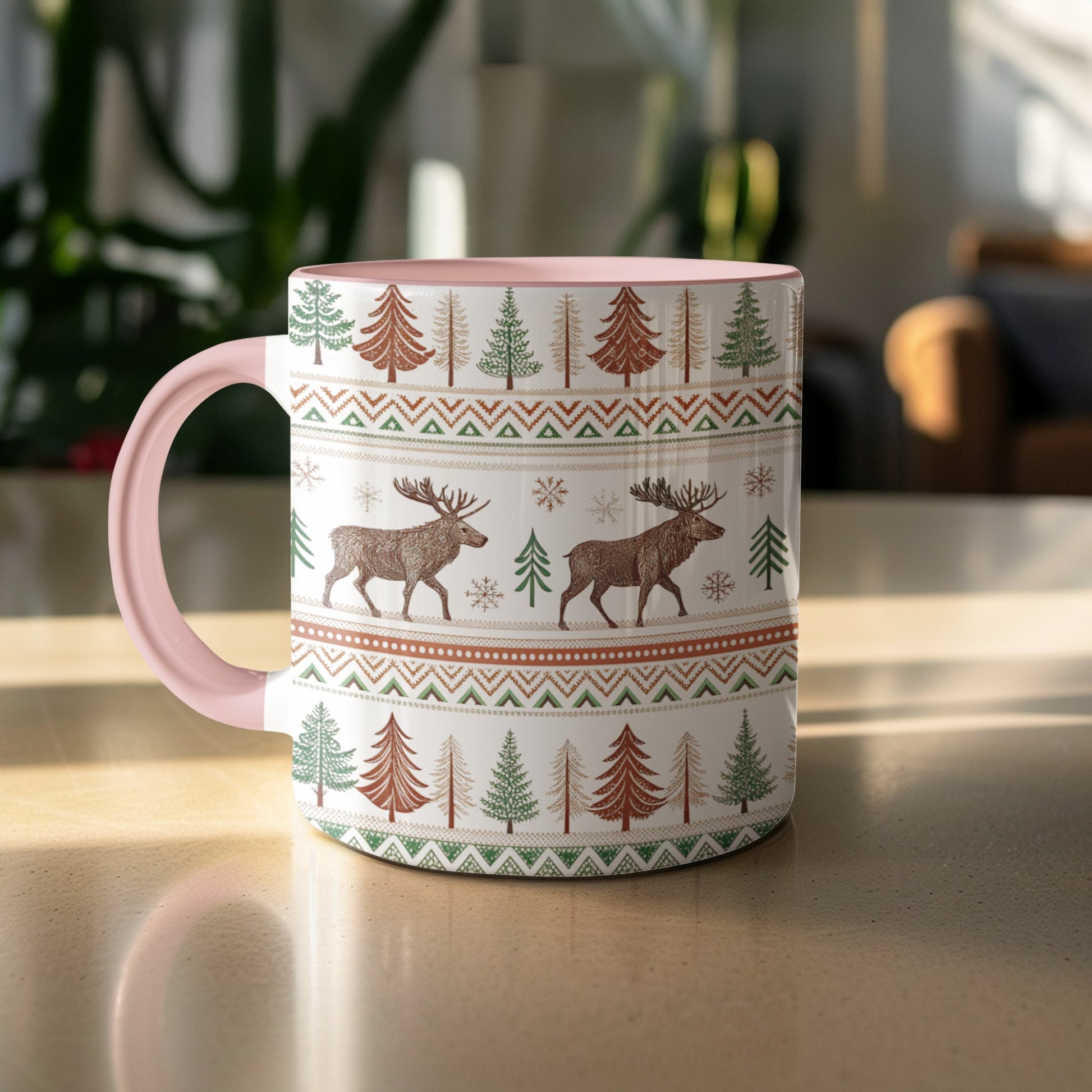 Festive Reindeer Evergreen Design Christmas Mug