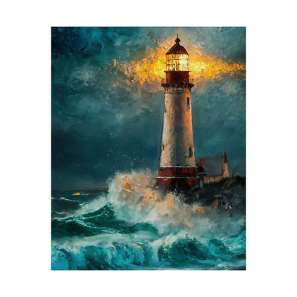 Lighthouse In Stormy Seas Poster