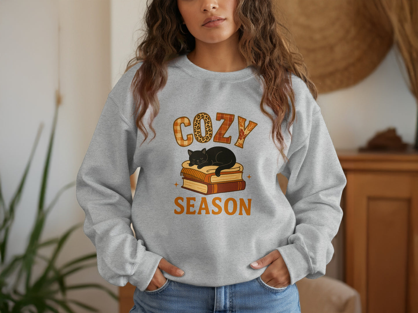Cozy Season Sweatshirt with Cat and Books Design