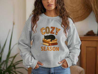 Cozy Season Sweatshirt with Cat and Books Design