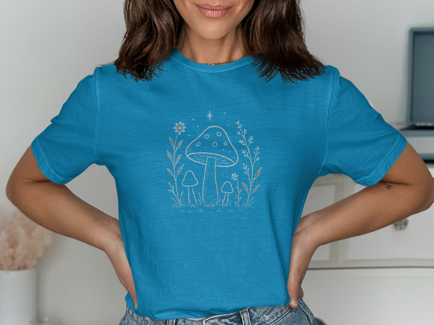 Whimsical Mushroom Graphic Design Blue T-Shirt product