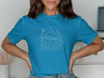 Whimsical Mushroom Graphic Design Blue T-Shirt product
