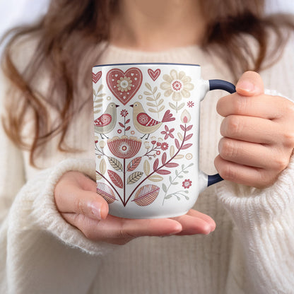 Decorative Mug with Heart and Bird Floral Design