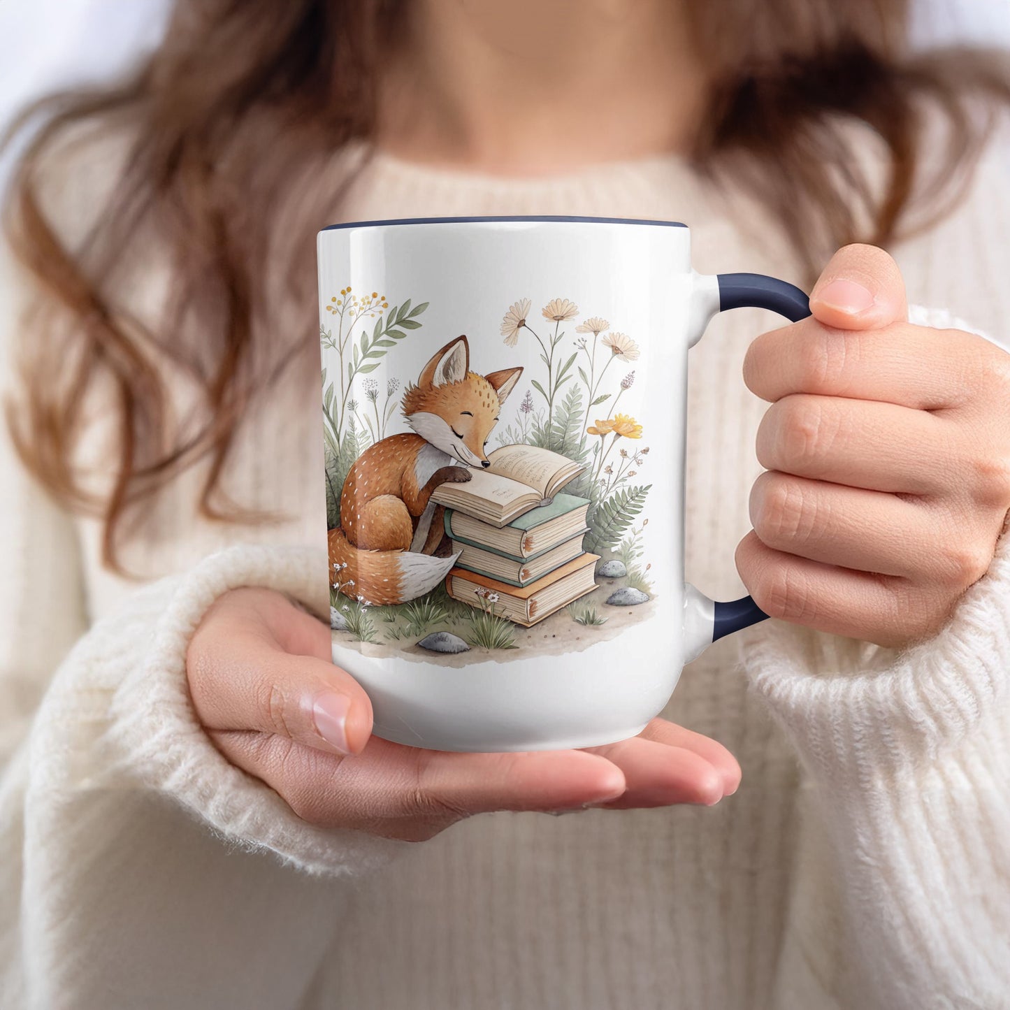 Adorable Fox with Books Illustration on White Mug