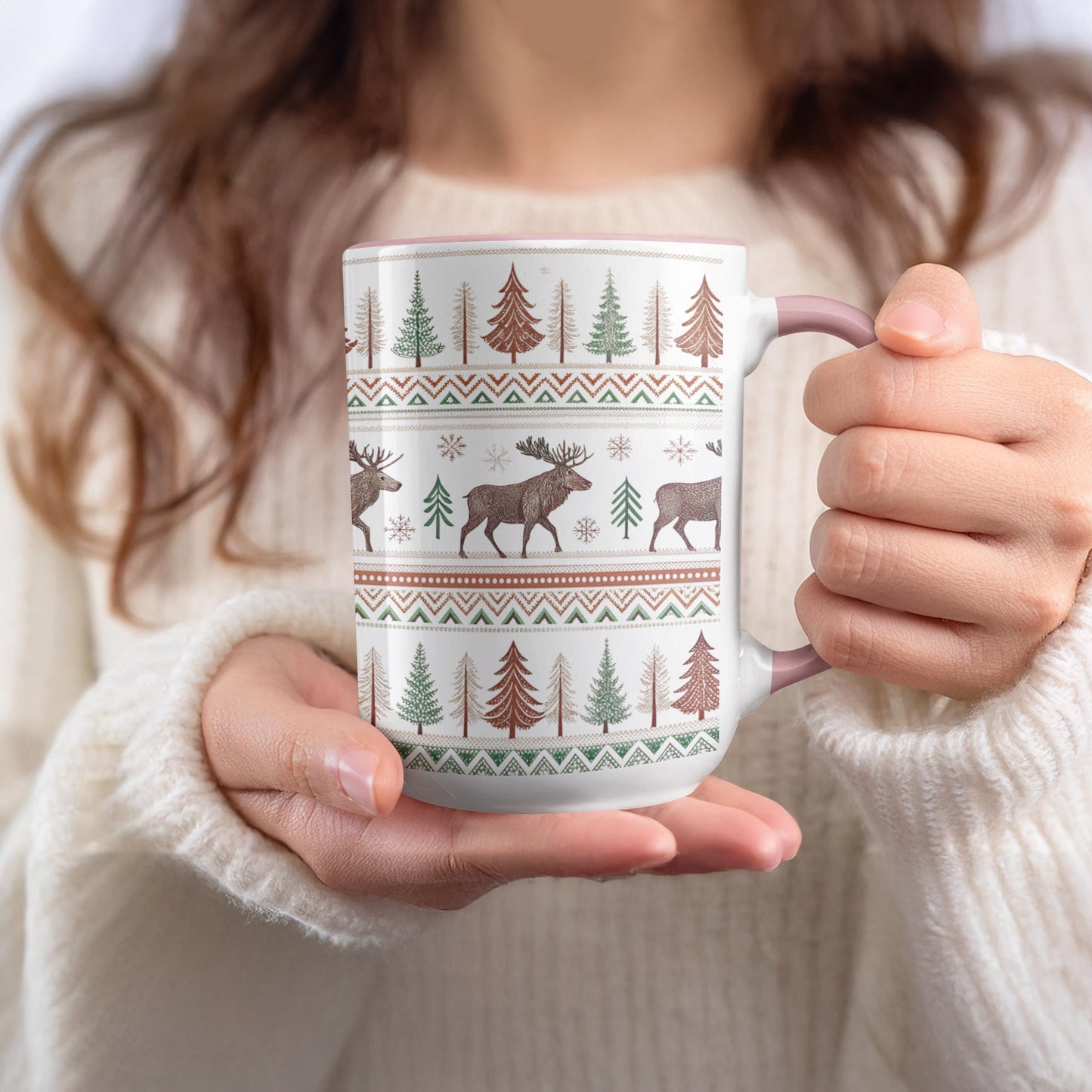 Festive Winter Moose and Pine Trees Patterned Mug