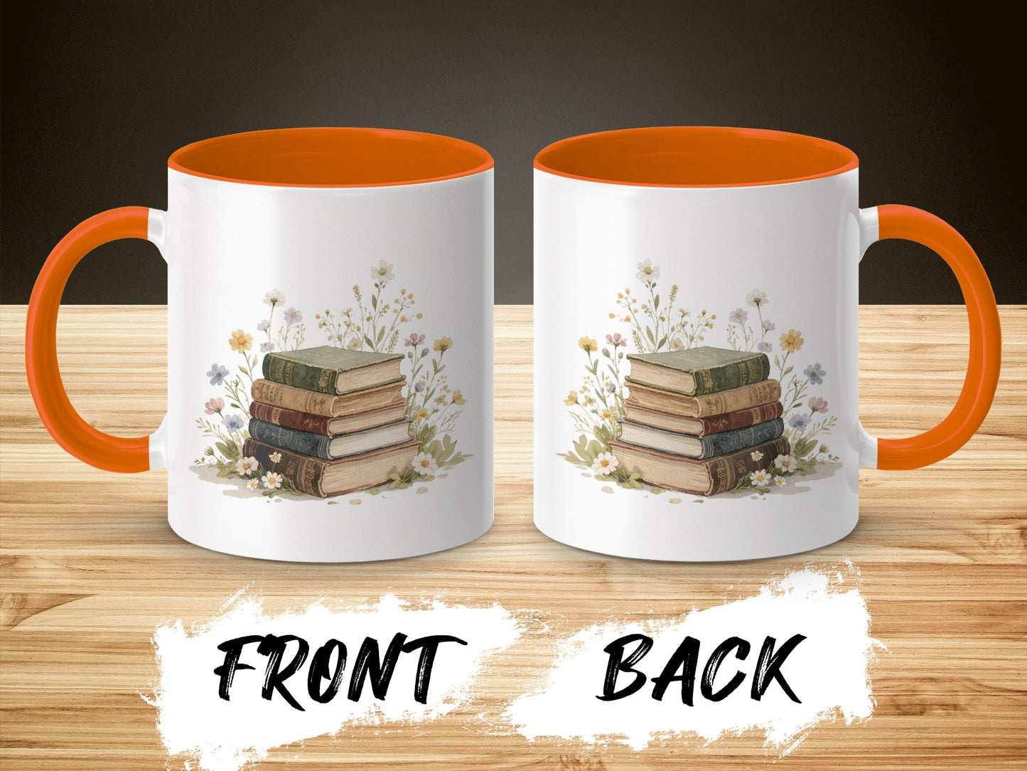 Floral Books Illustration on White Orange Mugs
