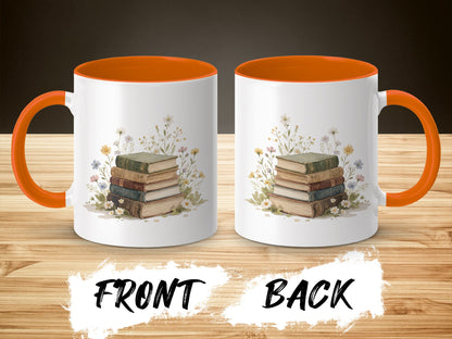 Floral Books Illustration on White Orange Mugs