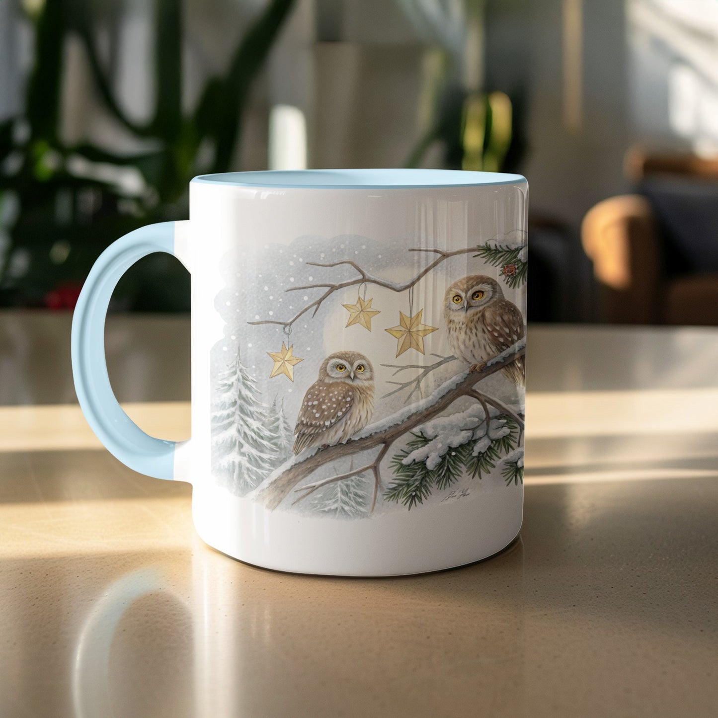 Beautiful Illustration of Two Owls on a Winter Branch Mug