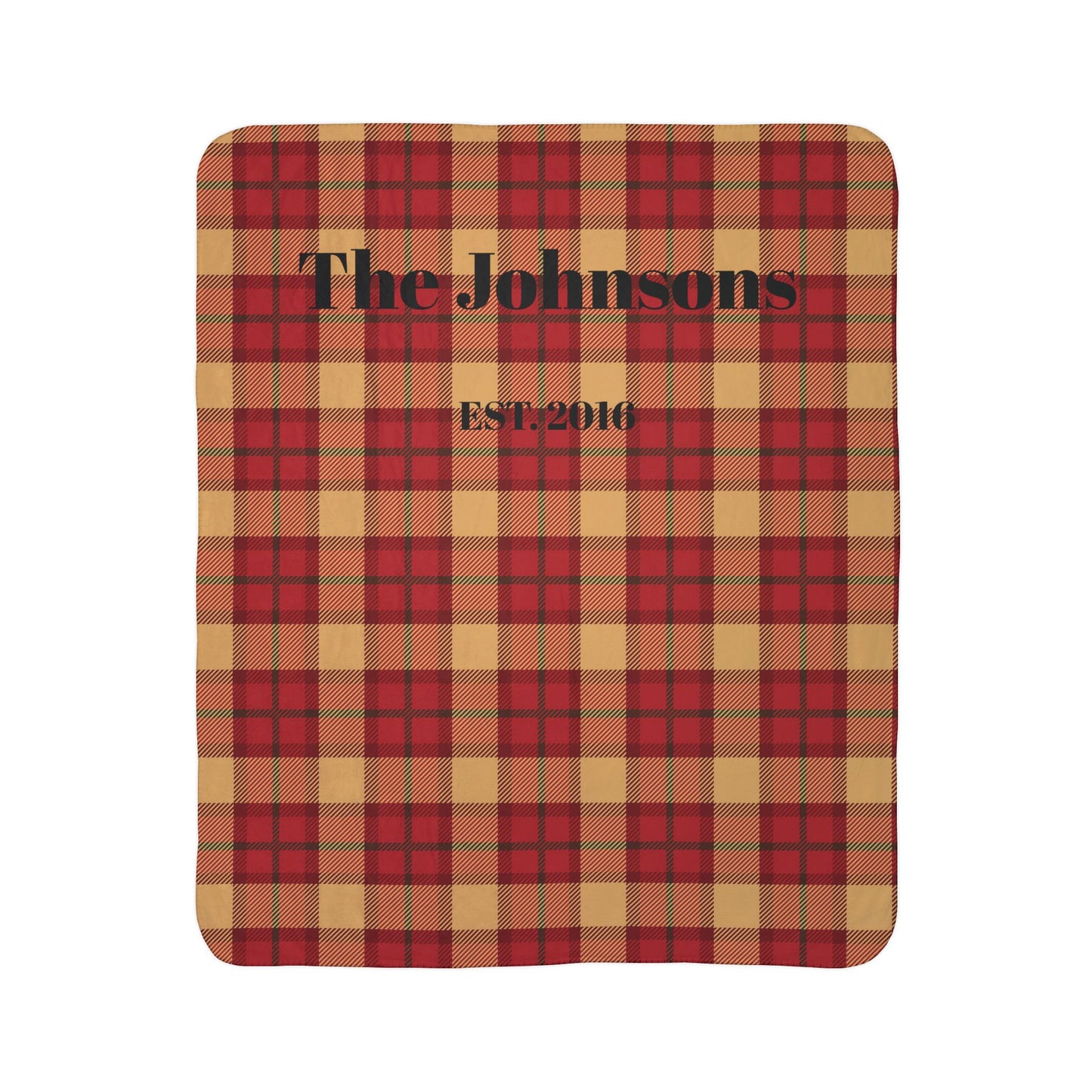 Custom Family Name Plaid Sherpa Blanket - Red & Tan Buffalo Check