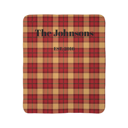 Custom Family Name Plaid Sherpa Blanket - Red & Tan Buffalo Check