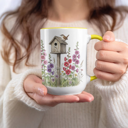 Birdhouse and Flowers Design Mug Nature Scene