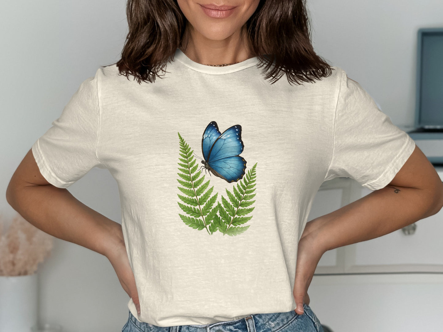 Blue Butterfly and Ferns Design T-shirt product type