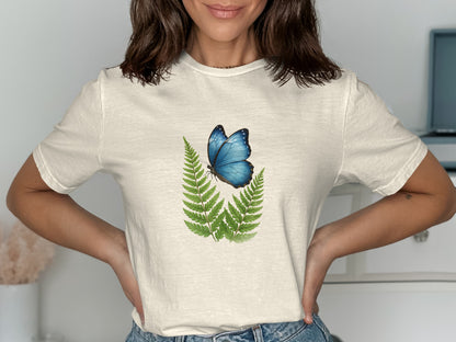 Blue Butterfly and Ferns Design T-shirt product type