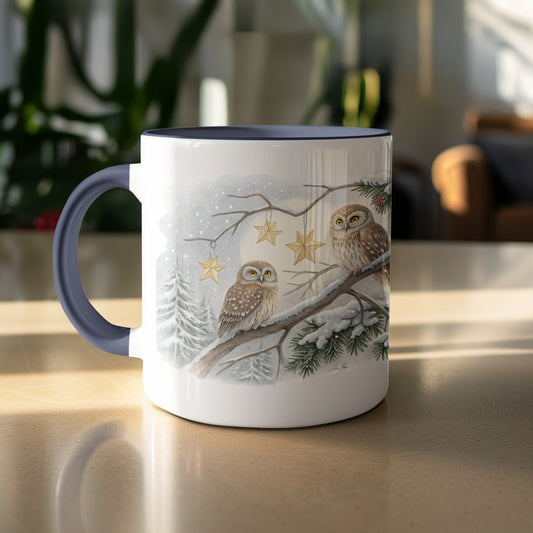 Owls in a Winter Forest Scene Mug