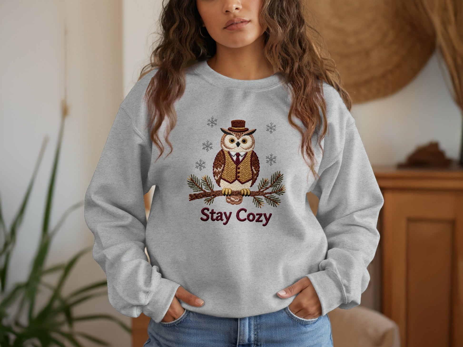 Stay Cozy Owl Design Casual Wear Long Sleeve Shirt