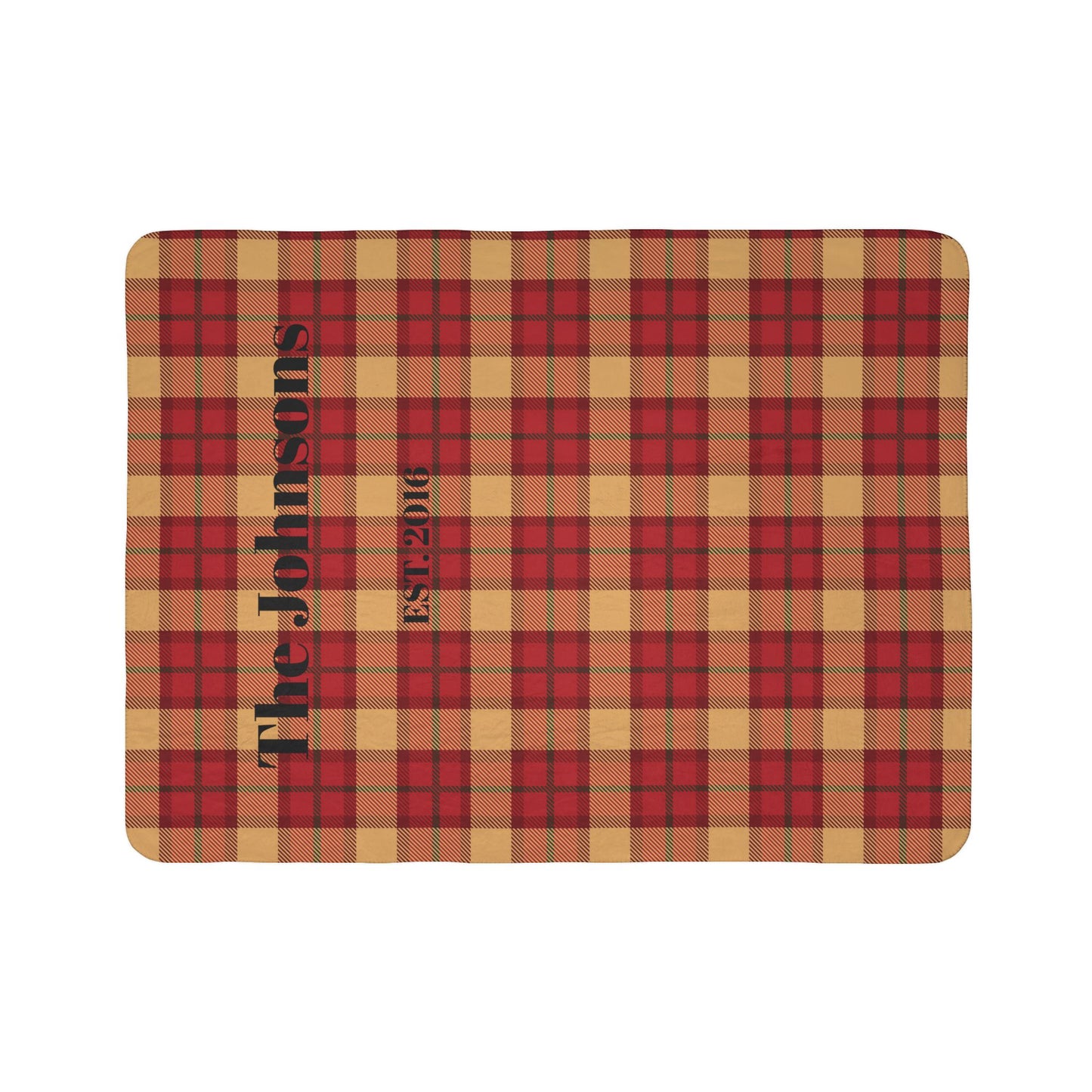 Custom Family Name Plaid Sherpa Blanket - Red & Tan Buffalo Check