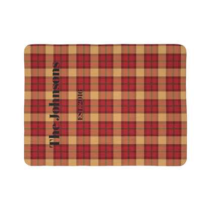 Custom Family Name Plaid Sherpa Blanket - Red & Tan Buffalo Check