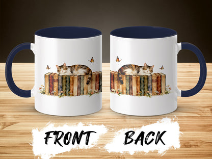 Cute Cat Resting on Books with Butterflies Mug product type