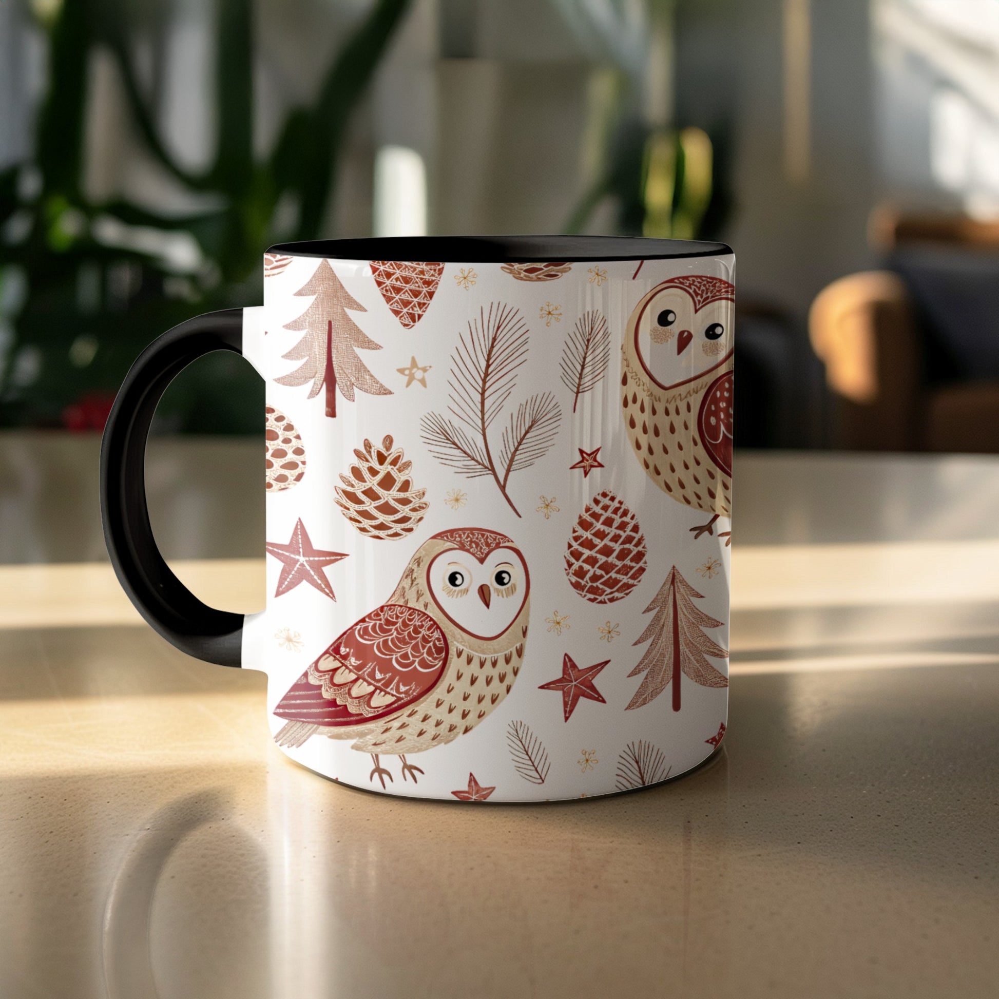 Adorable Owls and Pine Cones Christmas Mug