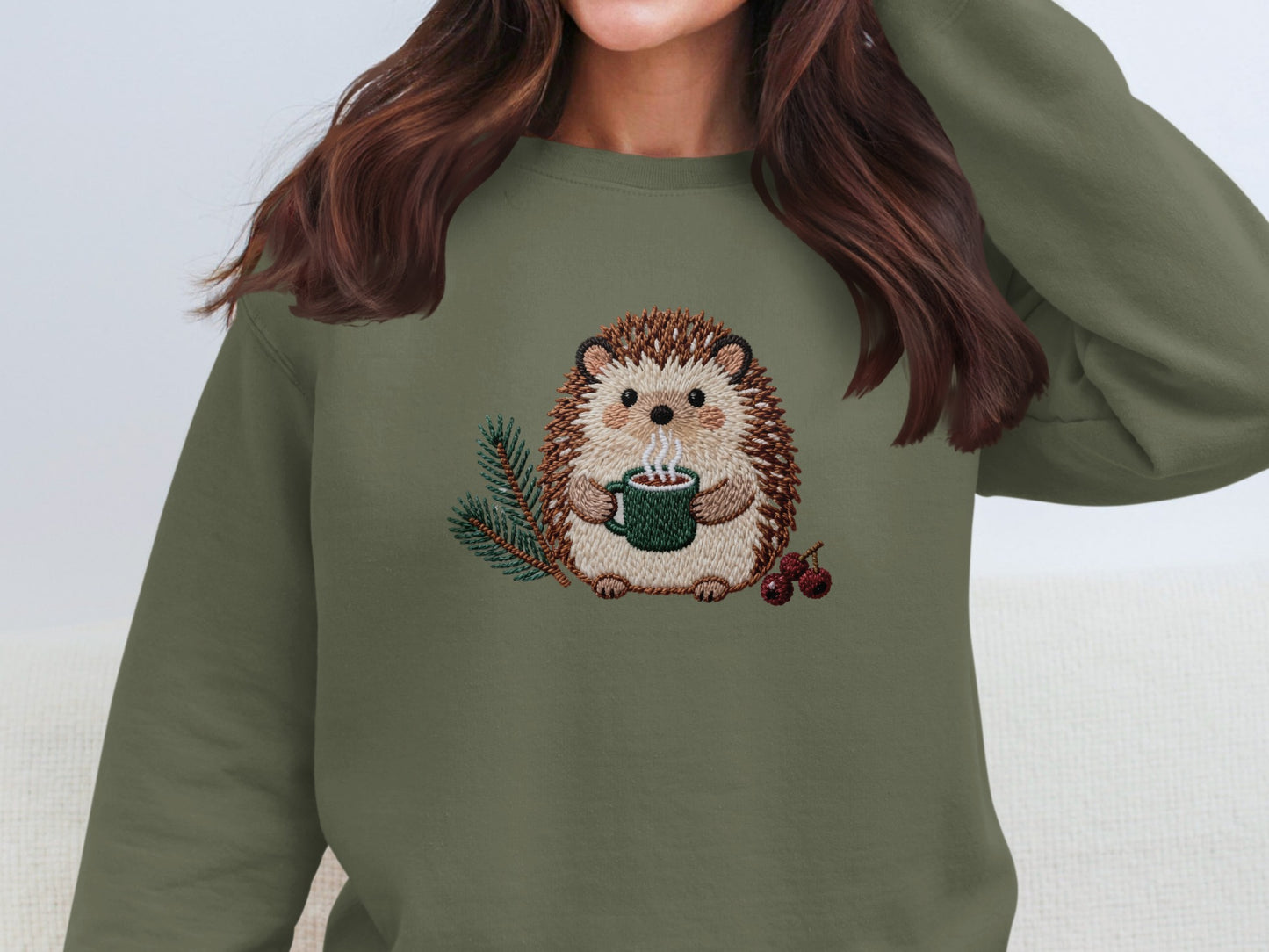 Cute Hedgehog with Coffee Embroidered Sweatshirt
