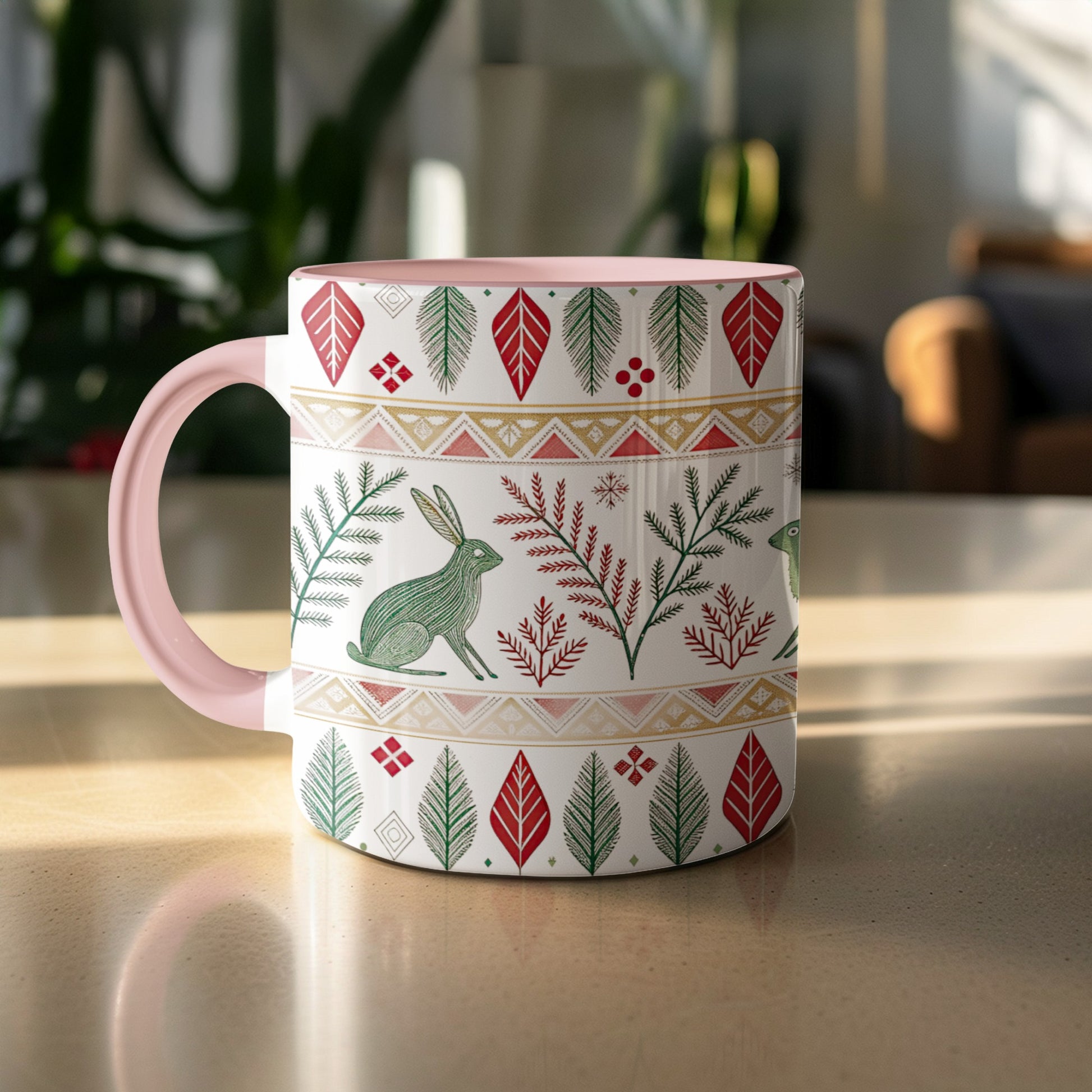 Christmas Rabbit and Leaves Pattern Mug