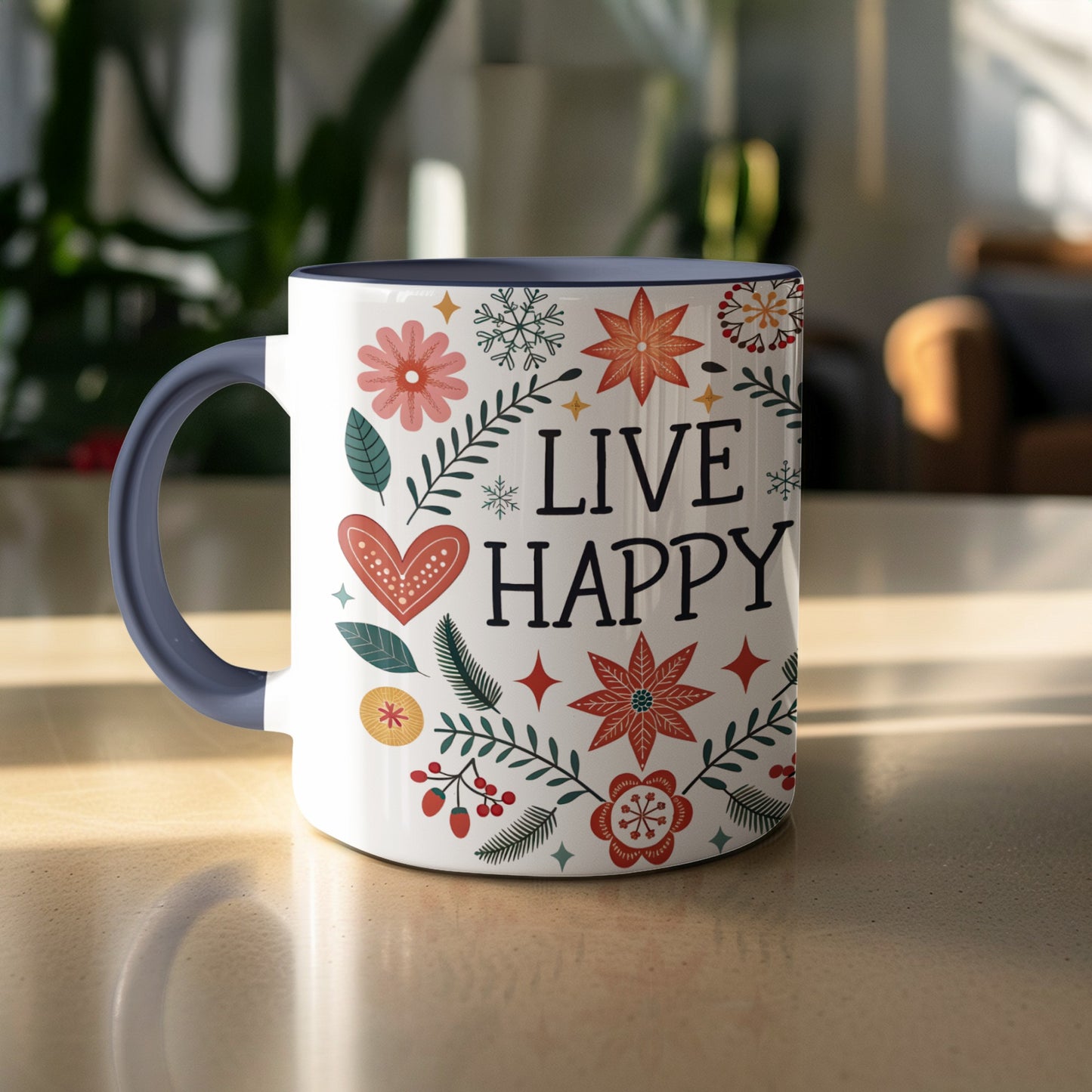 Live Happy Colorful Floral Design Mug