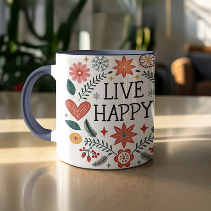 Live Happy Colorful Floral Design Mug