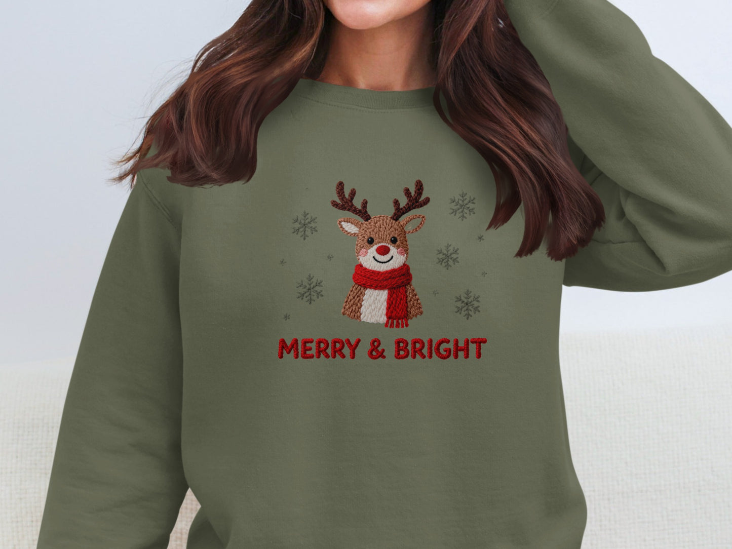 Merry and Bright Christmas Sweater with Reindeer Design