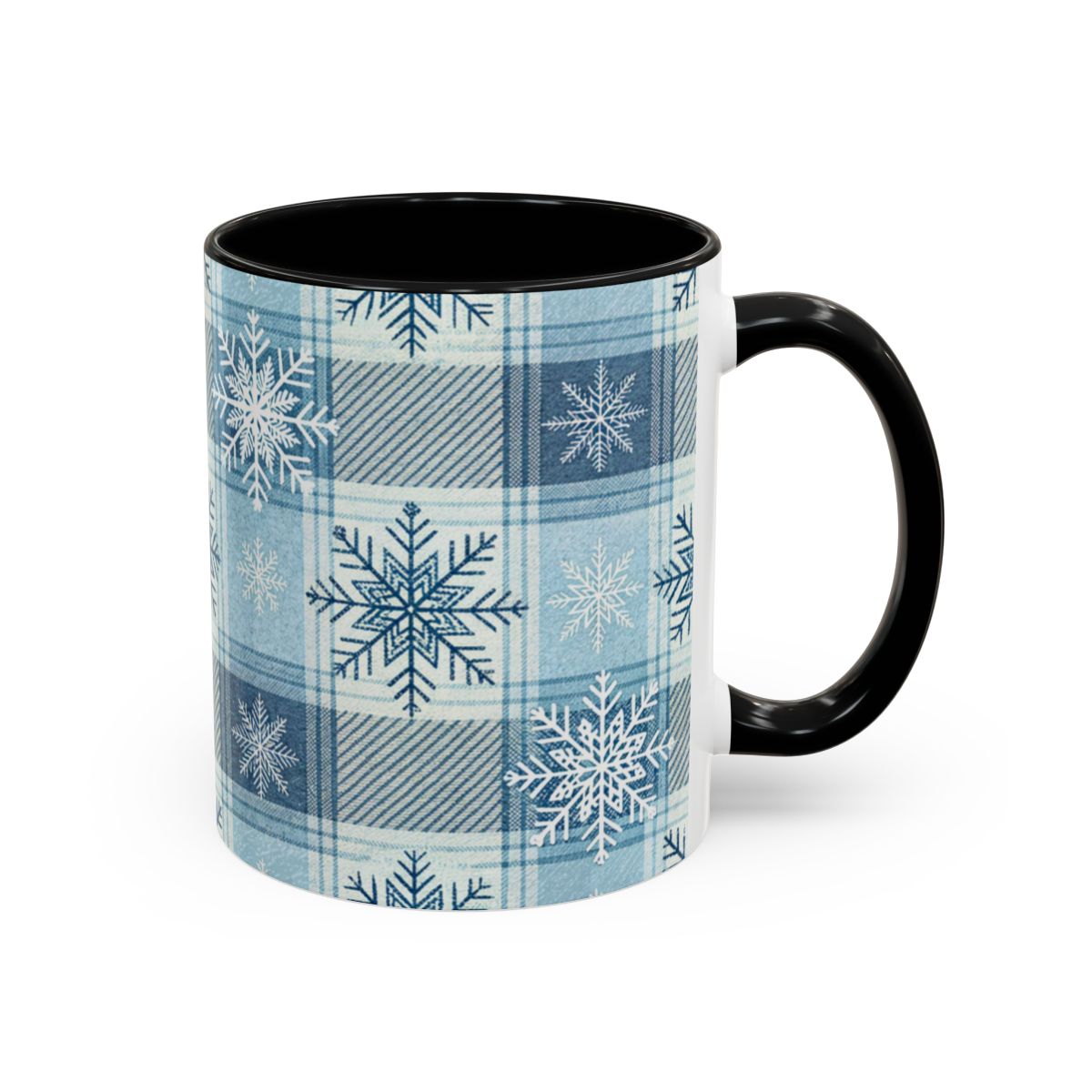 Blue Plaid and Snowflakes Patterned Coffee Mug