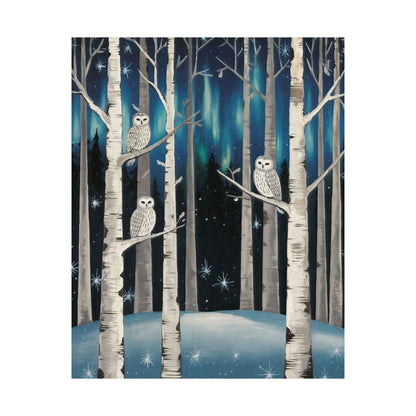 Folk Art Snow Owls At Night Poster