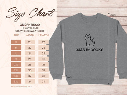 Cats and Books Cute Sweatshirt Size Chart