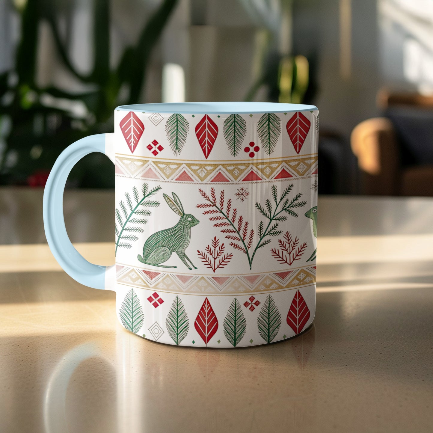 Festive Holiday Mug with Rabbit and Leaf Designs