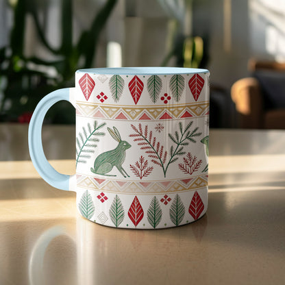 Festive Holiday Mug with Rabbit and Leaf Designs