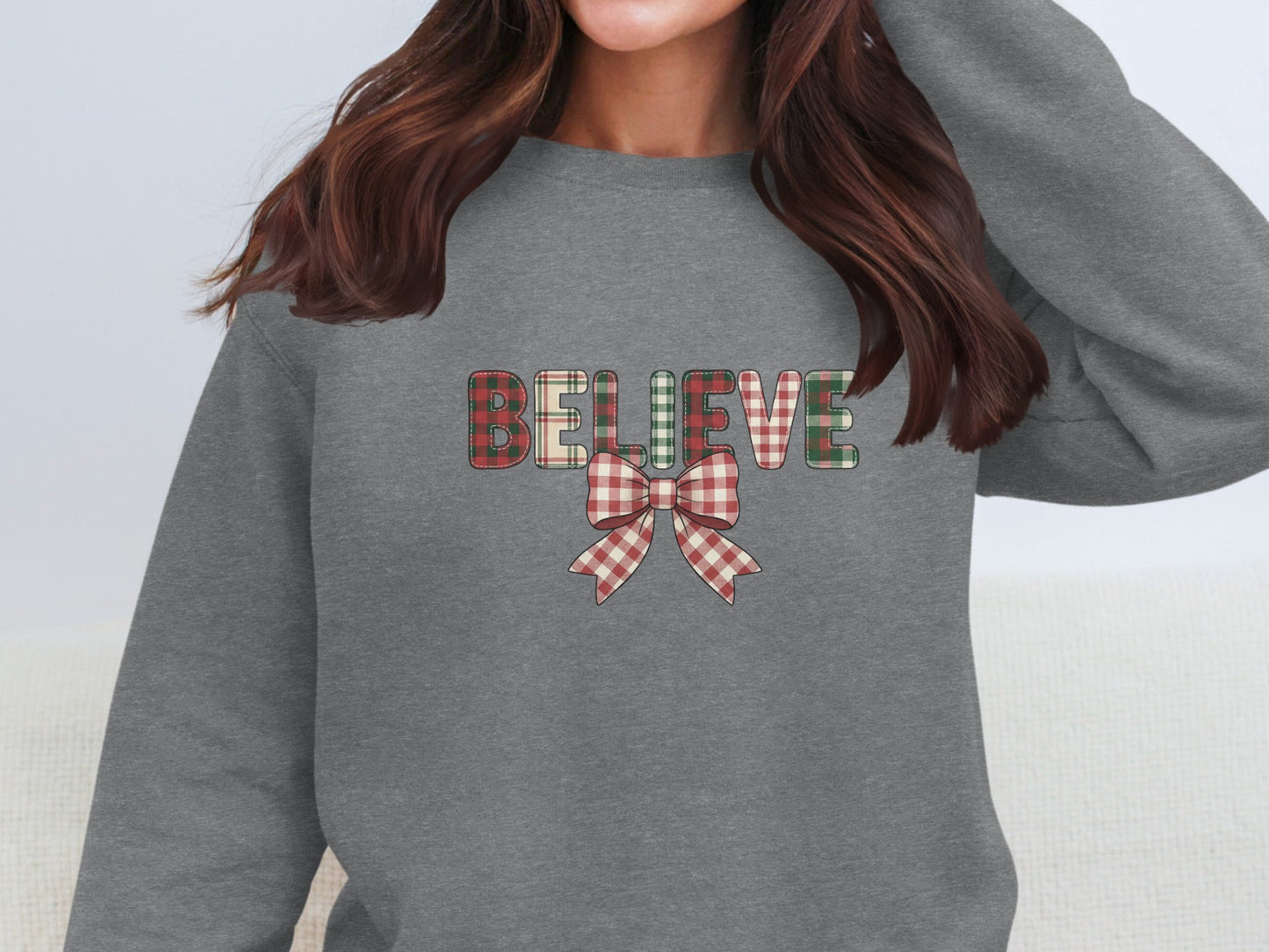Believe Plaid Letters and Bow Print Sweatshirt