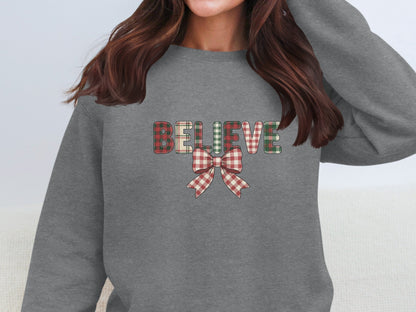 Believe Plaid Letters and Bow Print Sweatshirt
