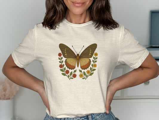 Elegant Butterfly Floral Print White T-Shirt product type