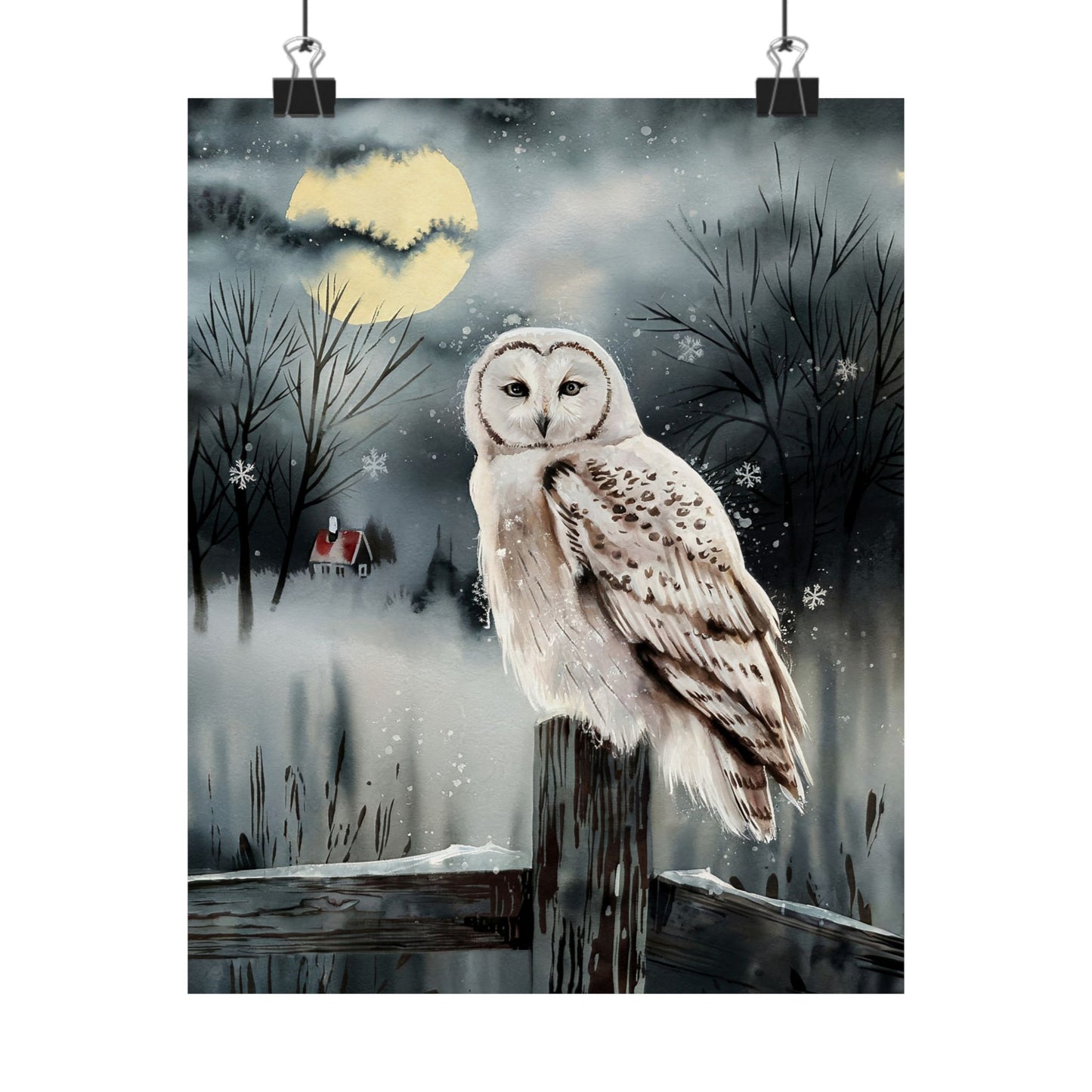 Snow Owl At Night On Post Poster