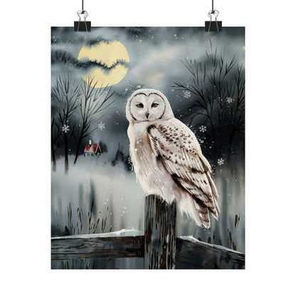 Snow Owl At Night On Post Poster
