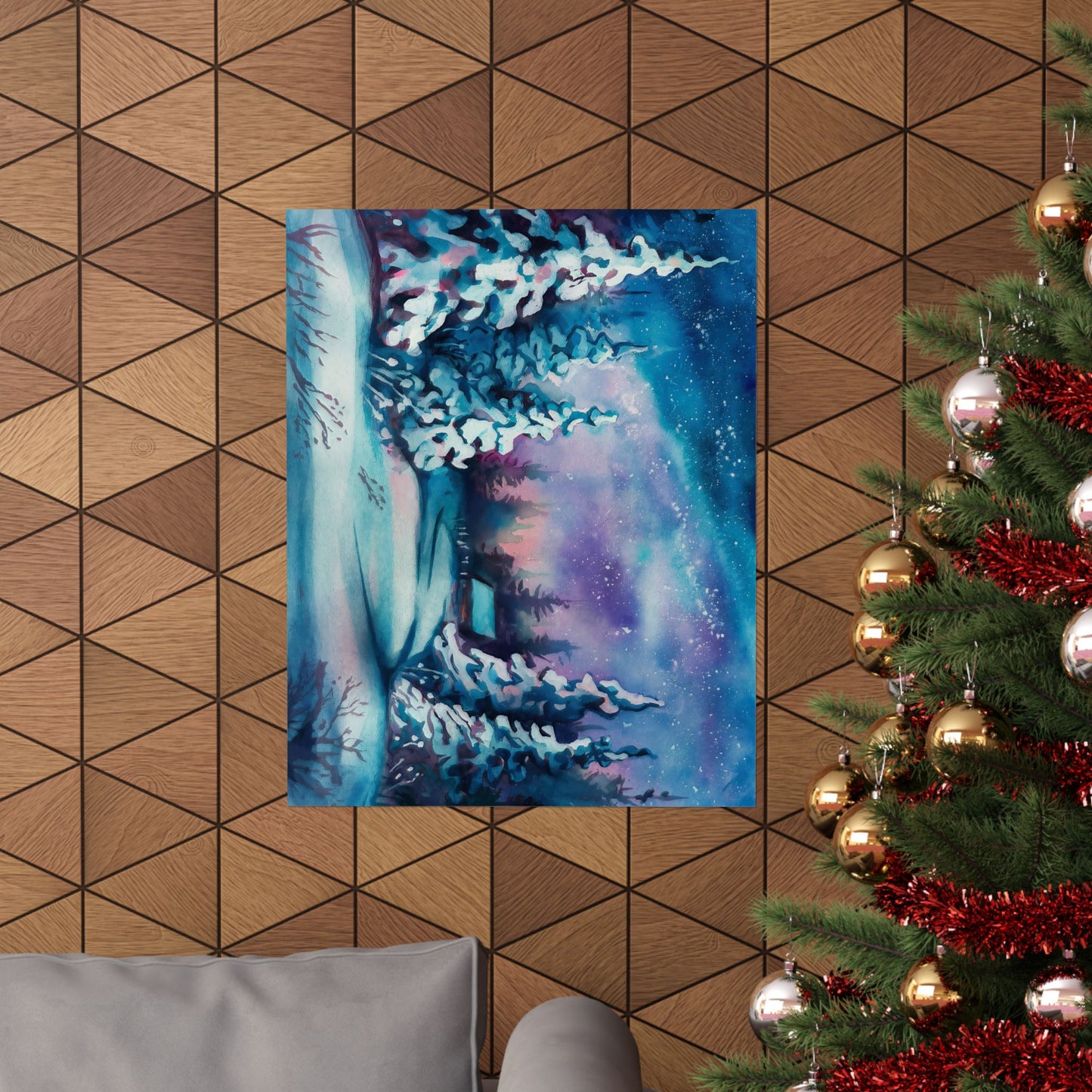 Winter Cabin Watercolor Poster
