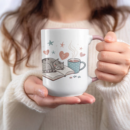 Cozy Cat and Coffee Mug with Heart and Stars Design