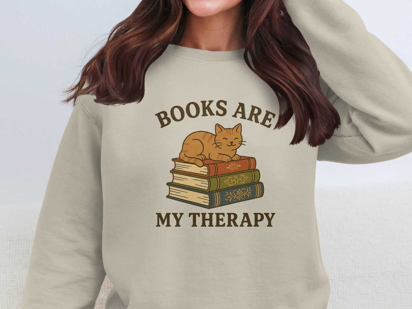 Books Are My Therapy Cozy Cat Sweatshirt