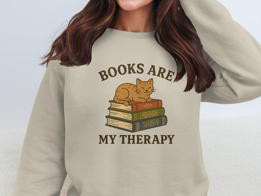 Books Are My Therapy Cozy Cat Sweatshirt