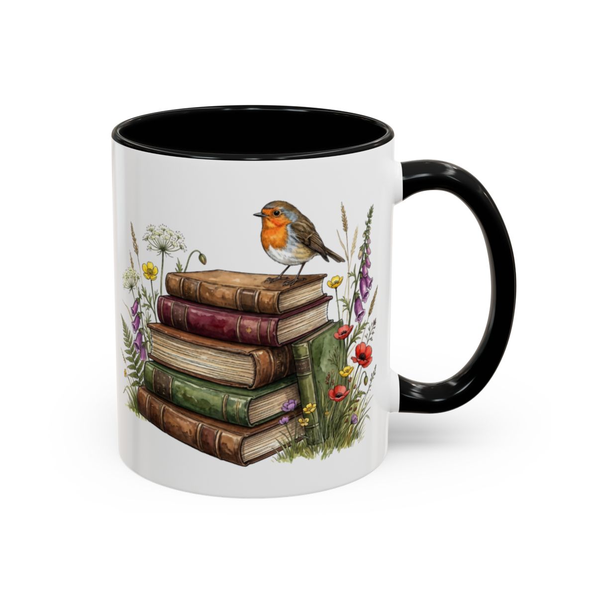 Vintage Bird and Books Illustrated Mug