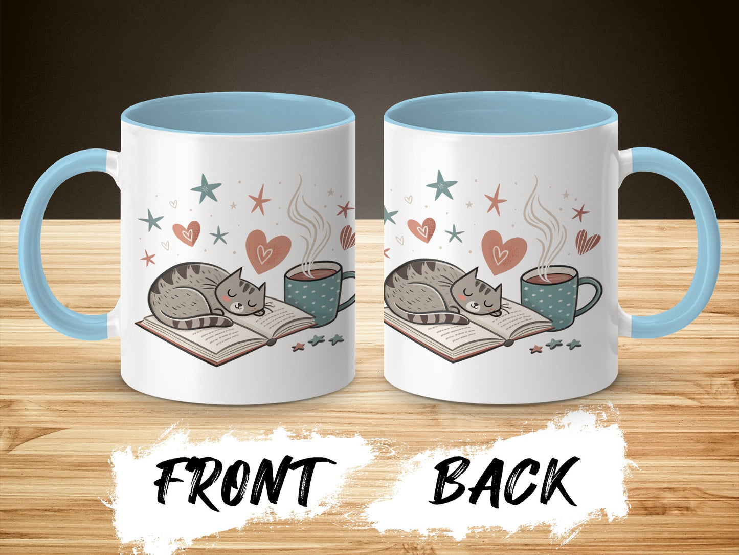 Cozy Cat and Coffee Mug with Heart and Stars Design