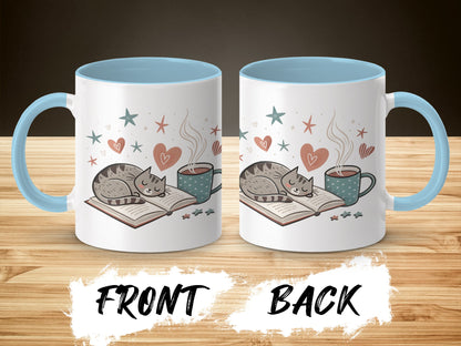 Cozy Cat and Coffee Mug with Heart and Stars Design
