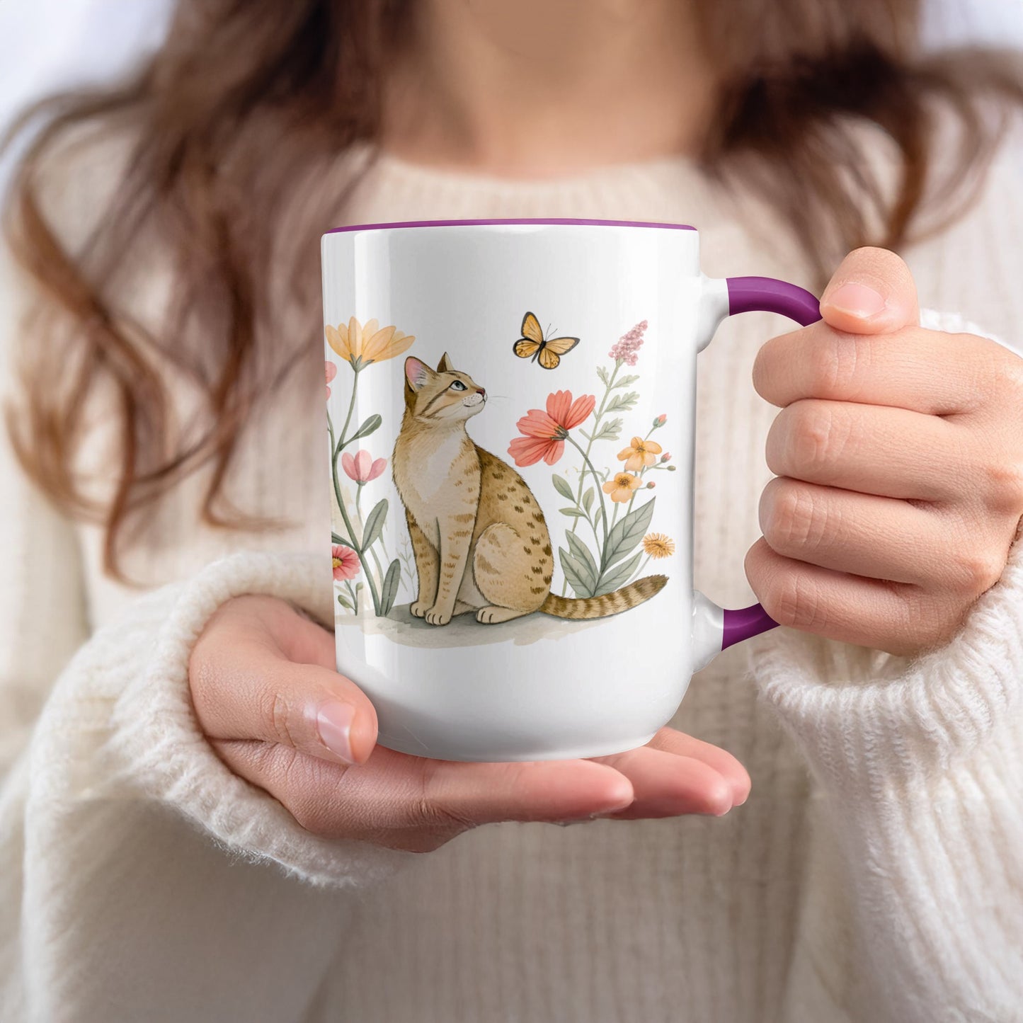 Charming Cat with Butterfly and Flowers Mug