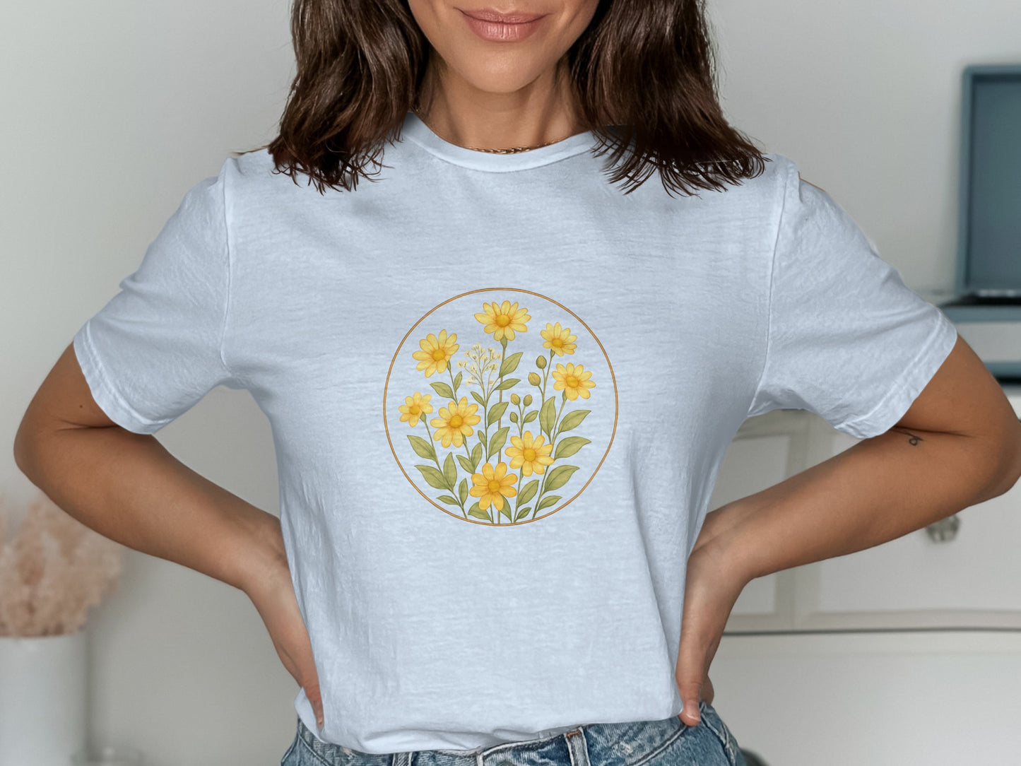 White T-shirt with Beautiful Yellow Flower Design product