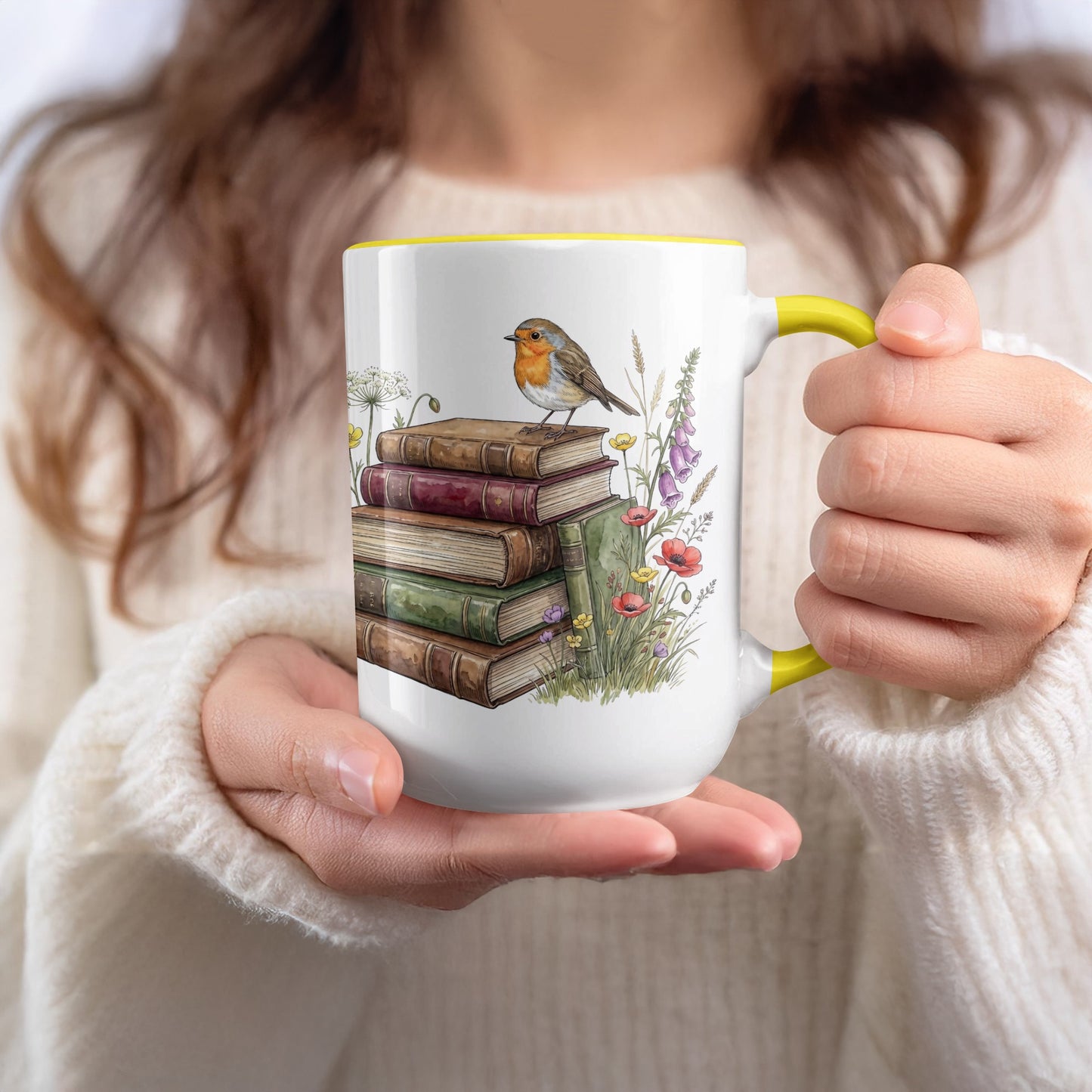 Colorful Mug with Bird on Stack of Books Art