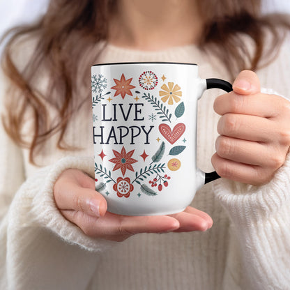 Live Happy Festive Floral Design Mug