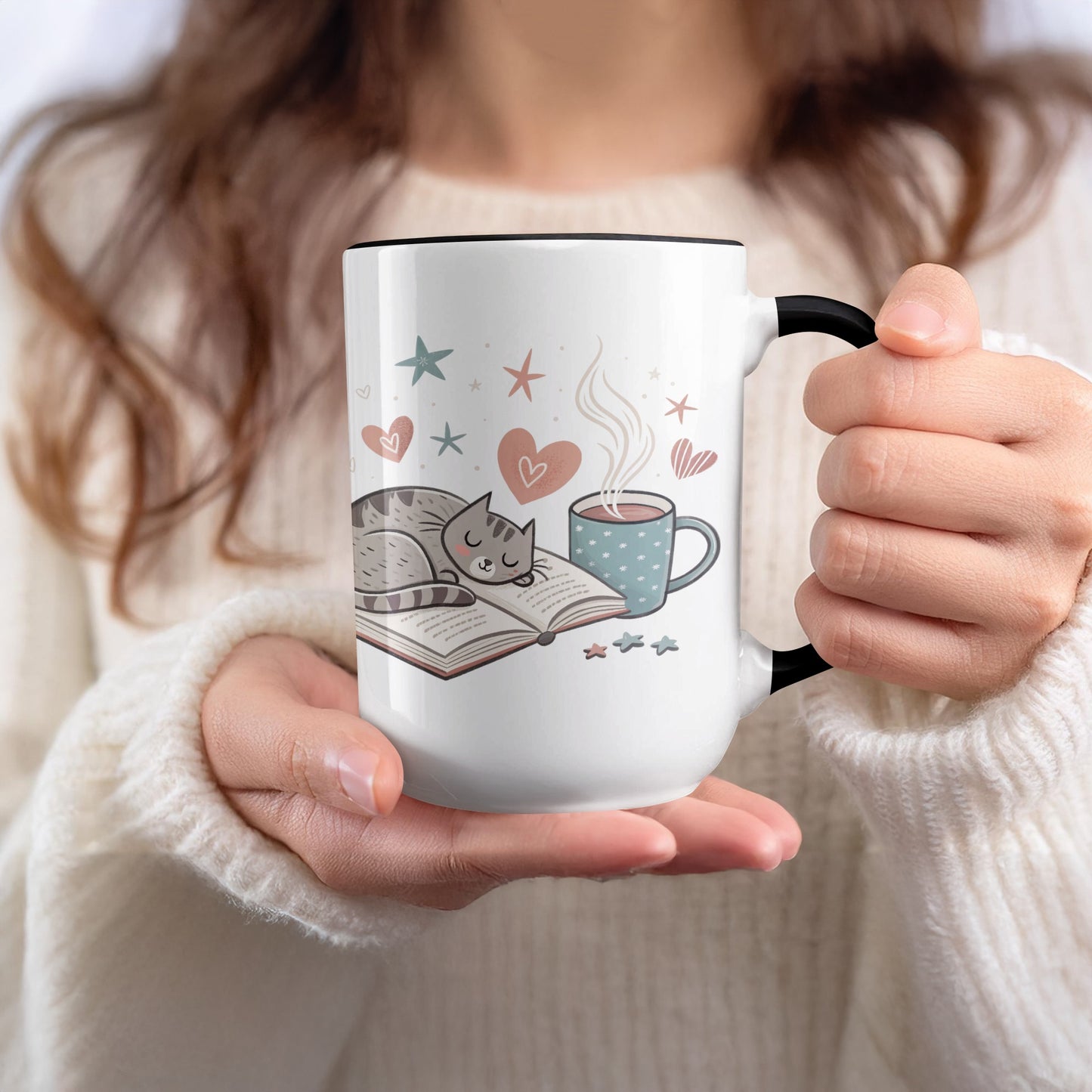 Cozy Cat and Coffee Mug with Stars and Hearts Design